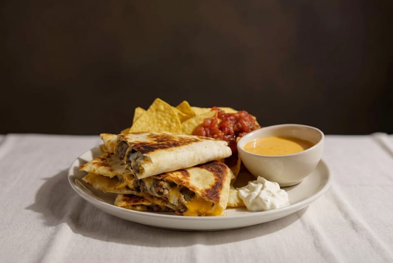 Platter of cheesy quesadillas with tortilla chips, salsa, queso, and sour cream.